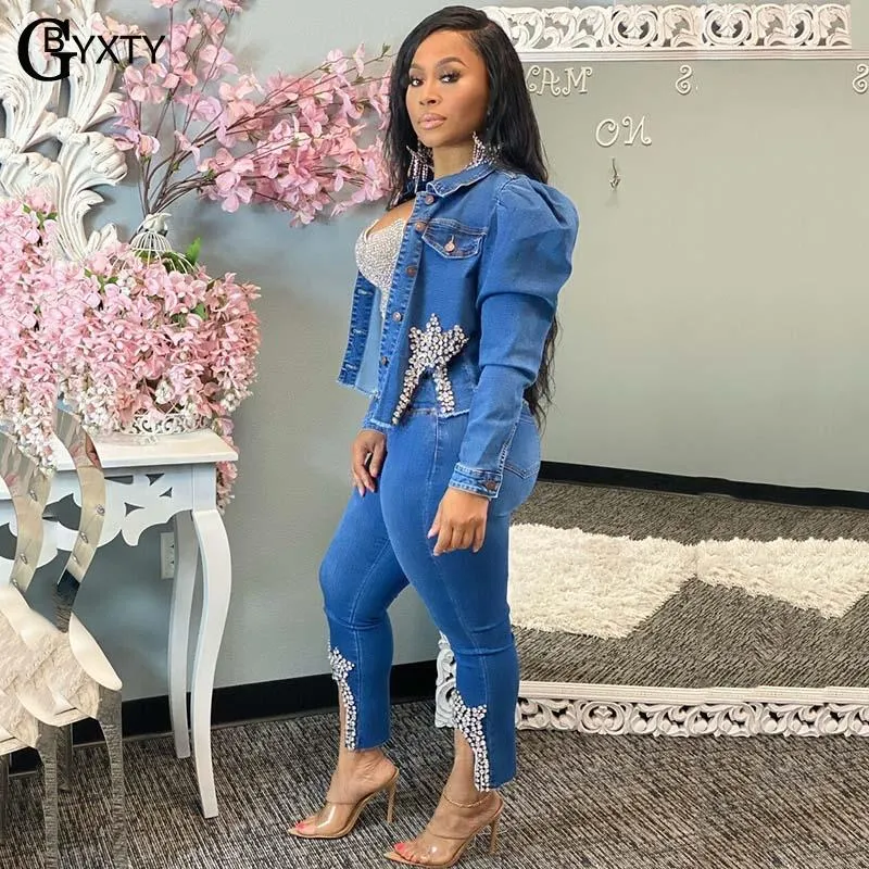 Stylish Diamond Beaded Crown Denim Suit With Tassel Detailing For Women  Long Puff Sleeve Fall Jackets Women And Jeans Set Outfit GBYXTY ZL1070 From  Balee, $49.23